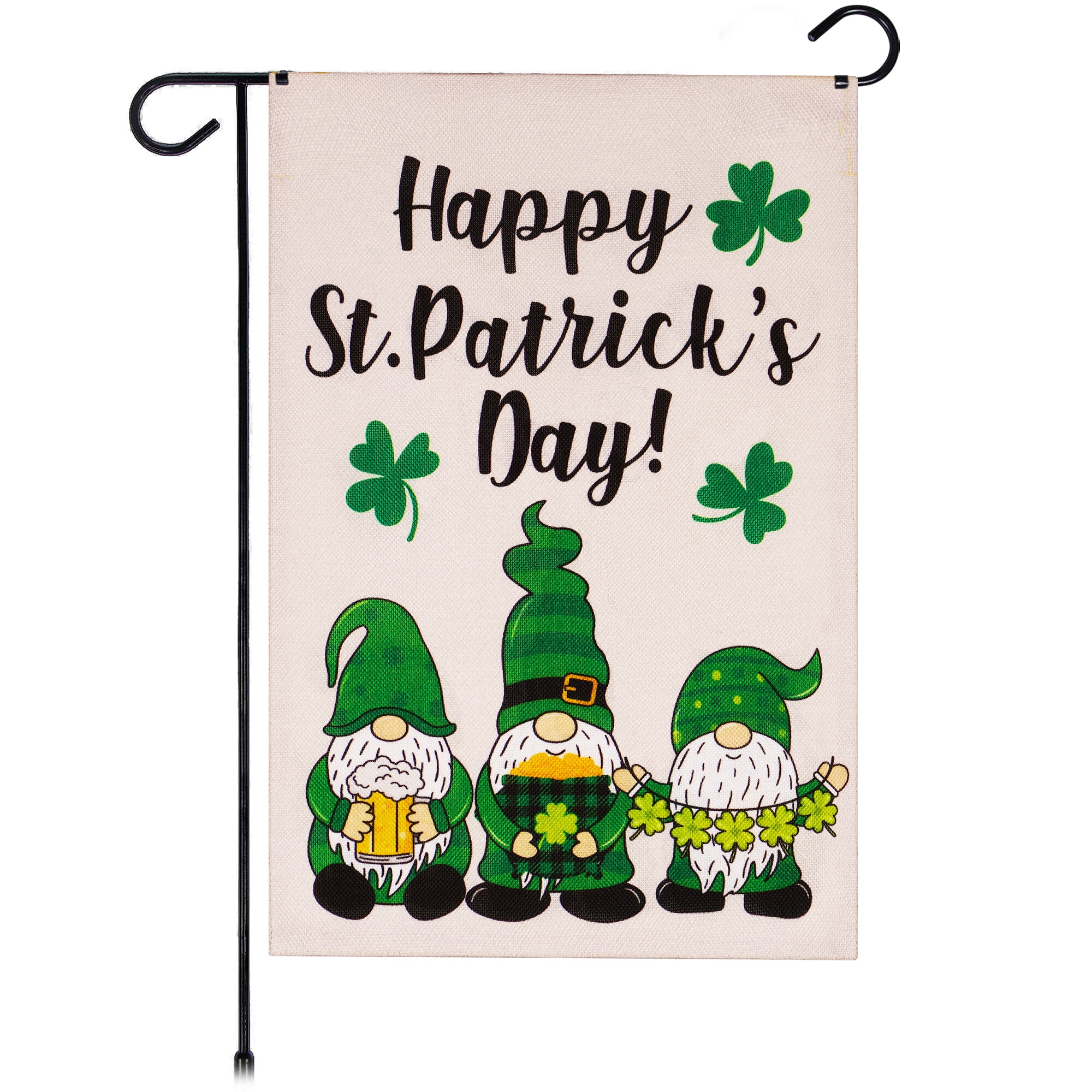 Happy St. Patrick's Day Burlap Garden Flag with Leprechaun Gnomes 12x18IN