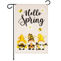 G128 Garden Flag Hello Spring Three Bee Gnomes 12"x18" Burlap Fabric