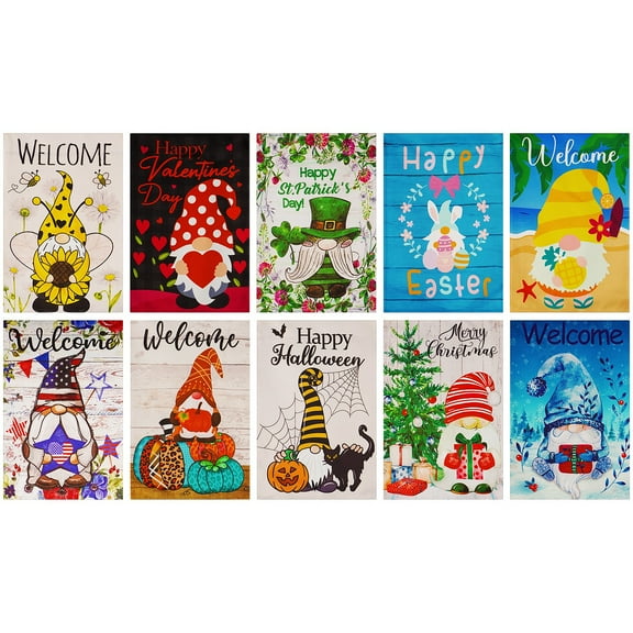 G128 Garden Flag Set Holiday Gnomes 12"x18" 10 pieces Blockout Fabric