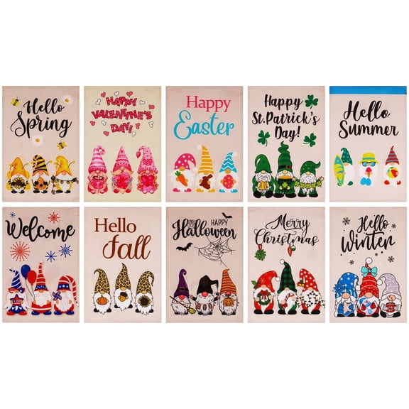 G128 Garden Flags Set of 10 Double Sided 12"x18"Seasonal Holiday Gnomes Burlap Fabric