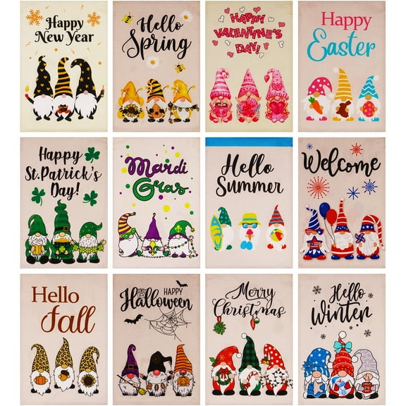 G128 Garden Flag Set Holiday Gnomes 12"x18" 12 pieces Burlap Fabric