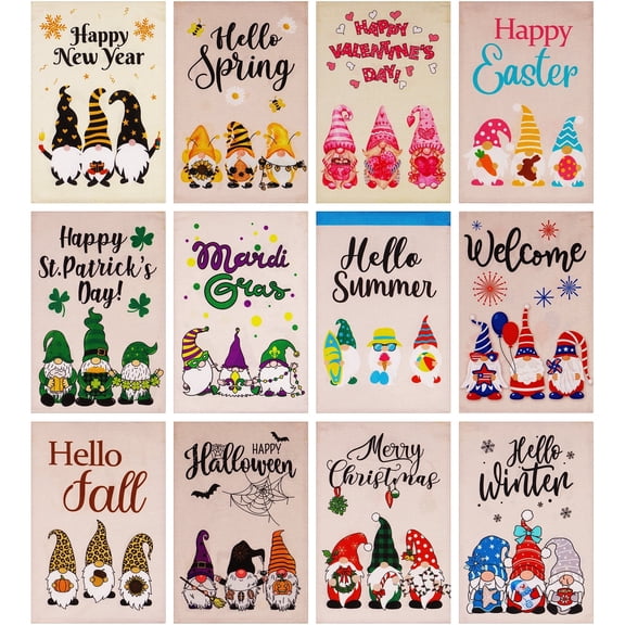 G128 Garden Flags Set of 12 Double Sided 12"x18" Holiday Gnomes Flag Burlap Fabric