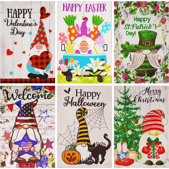G128 Garden Flags Set of 6 Double Sided 12"x18" Seasonal Holiday Gnomes Blockout Fabric