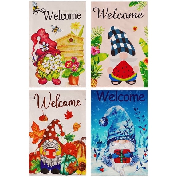 G128 Garden Flags Set of 4 Double Sided 12"x18" Seasonal Gnomes Outdoor Blockout Fabric