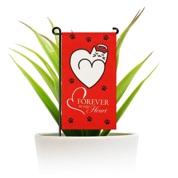 G128 Double-Sided Mini Garden Flag & Stand, Cat Memorial Forever in My Heart, 4"x8", 2-Piece Set