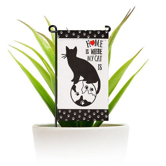 G128 Double-Sided Mini Garden Flag & Stand, Home is Where My Cat Is, 4"x8", 2-Piece Decor