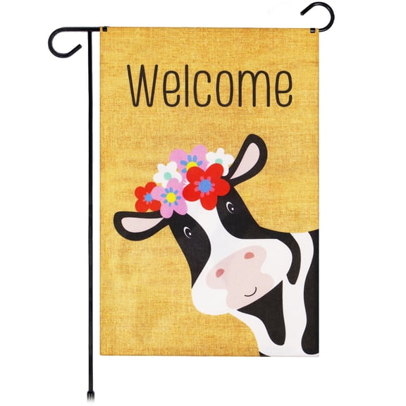 G128 Garden Flag Welcome Cow with Flowers 12"x18" Burlap Polyester