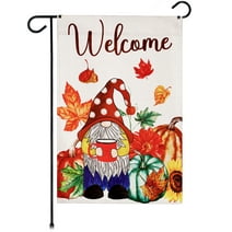 G128 Garden Flag Welcome Gnome with Coffee at Harvest 12"x18" Blockout Fabric