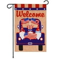 thumbnail image 1 of G128 Garden Flag Welcome Three Gnomes in Patriotic Truck 12"x18" Burlap Fabric, 1 of 9