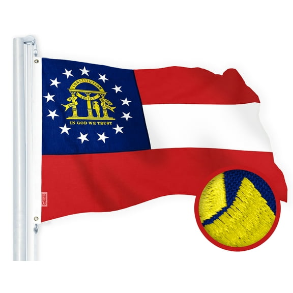 G128 Georgia State Flag | 2x3 Ft | StormFlyer Series Embroidered 220GSM Spun Polyester | Embroidered Design, Indoor/Outdoor, Brass Grommets, Heavy Duty, All Weather