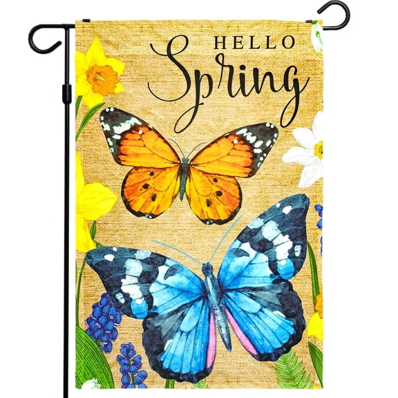 G128 Hello Spring Outdoor Garden Flags Outside 12"x18”, Butterflies and Flowers Seasonal Outdoor