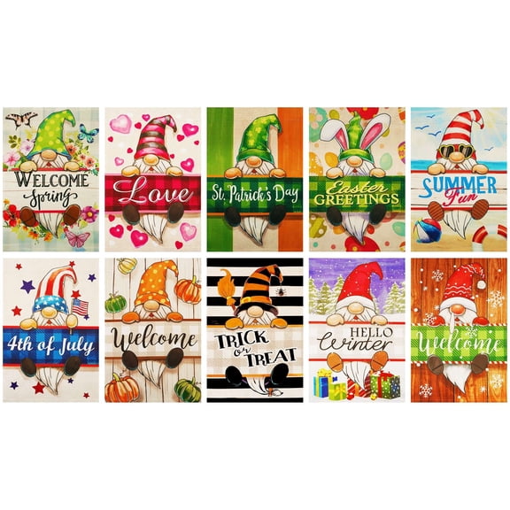 G128 Garden Flags Set of 10 Double Sided 12"x18" Seasonal Holiday Flag Gnomes Yard Garden Lawn Decoration