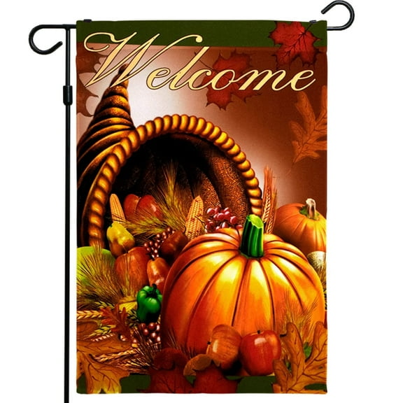 G128 Welcome Fall Garden Flag with Maple Leaf and Pumpkin Design, 12x18 in Block-out Fabric, Outdoor Autumn Yard Decoration