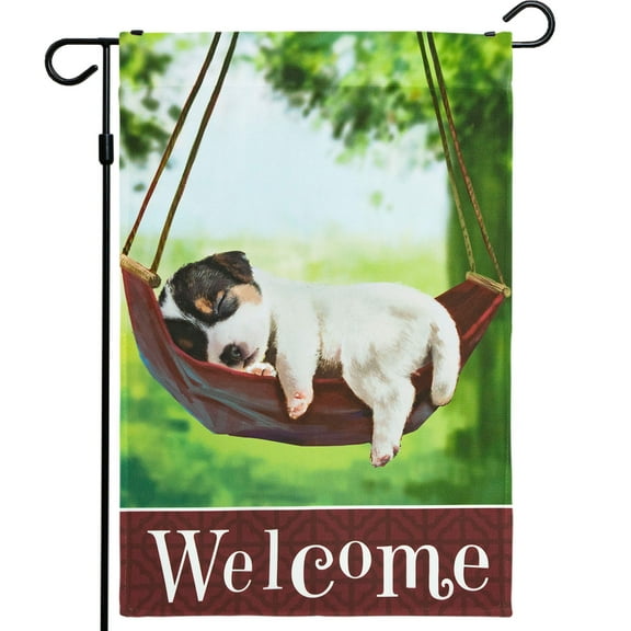 G128 - Home Decorative Garden Flag Decorated with Sleeping Puppy Dog and Welcome Quote 12" x 18"