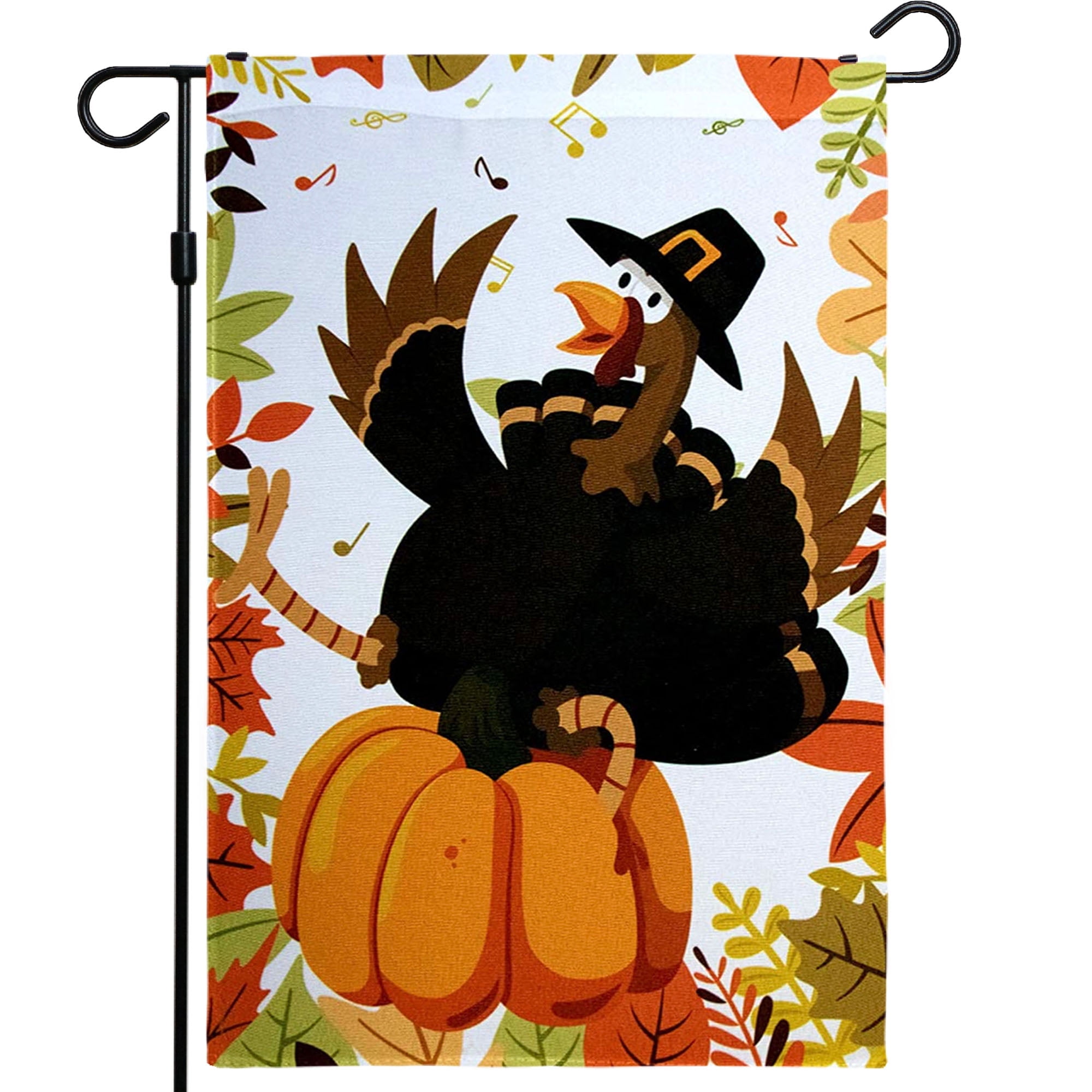 Joyful Pilgrim Turkey Thanksgiving Garden Flag with Pumpkin