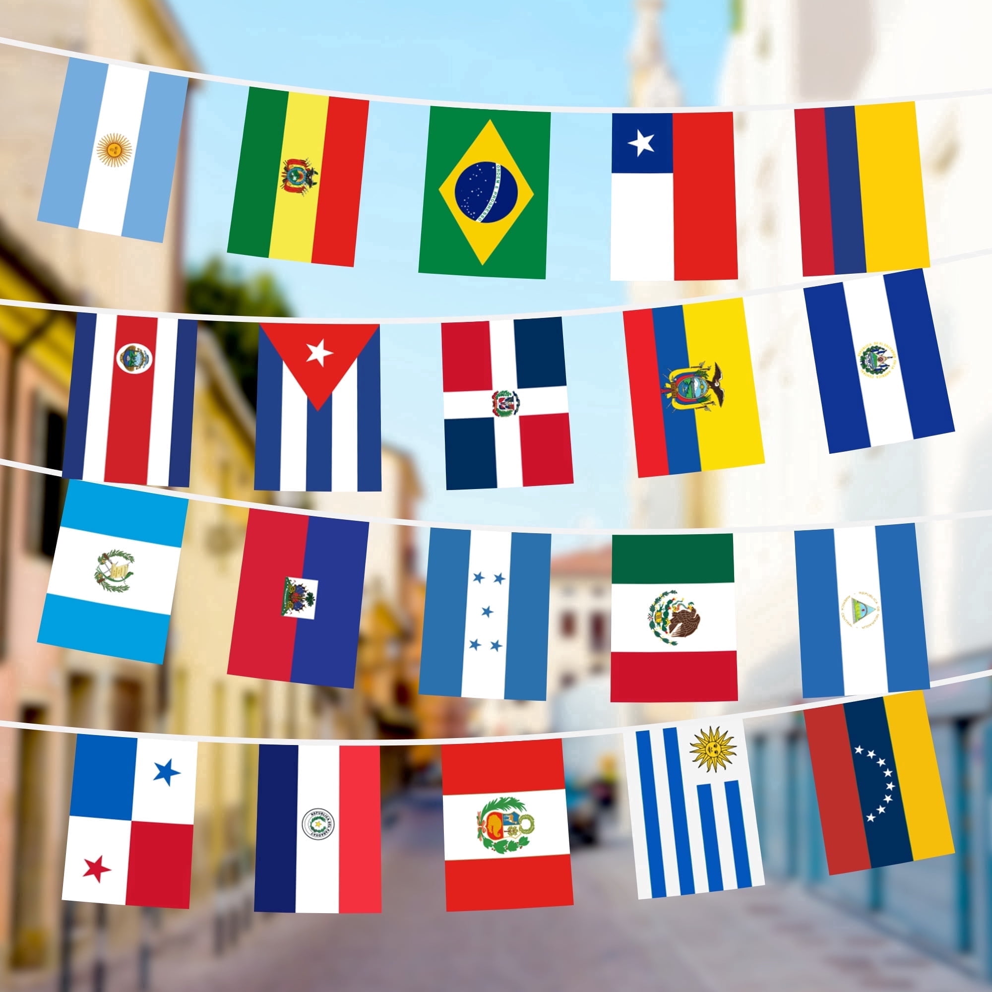 G128 Latin America Countries Bunting Banner | 20 Country Flags, 12 x 18 Inch Pennants, 30 ft String | Printed 150D Polyester | Decorations for School, Festival, Sports Events, Celebrations