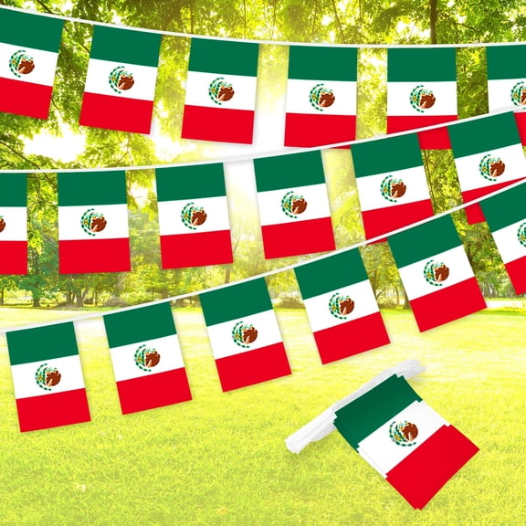 G128 Mexico Buntings Flag 8.2 x 5.5 In Mexican Banner, 33 ft String Printed 150D Polyester, School, Festival Sports Events