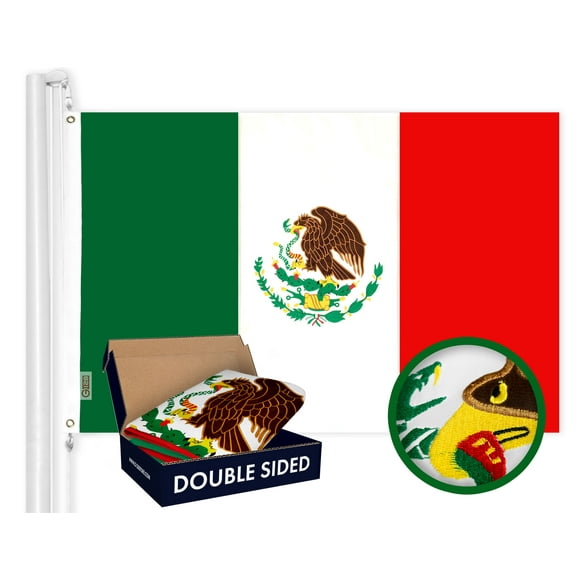 G128 - Mexico Mexican Flag | 3x5 feet | Double Sided Embroidered 210D - Indoor/Outdoor, Brass Grommets, Heavy Duty Polyester