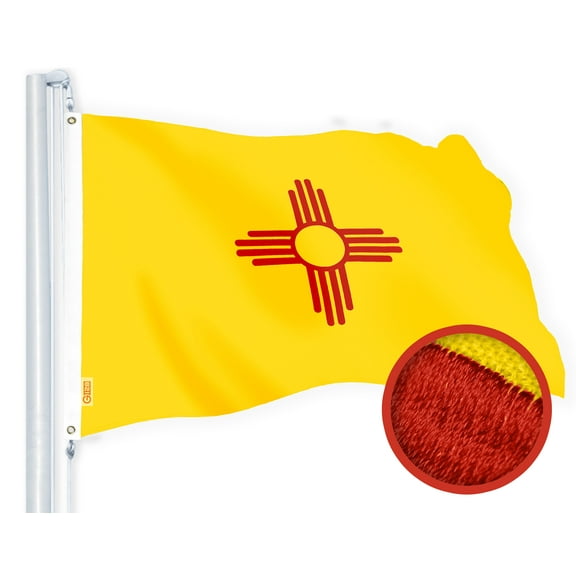 G128 New Mexico State Flag | 1x1.5 Ft | StormFlyer Series Embroidered 220GSM Spun Polyester | Embroidered Design, Indoor/Outdoor, Brass Grommets, Heavy Duty, All Weather