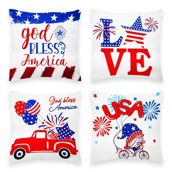 G128 Patriotic Decoration Gnome & Fireworks Waterproof Throw Pillow | 18 x 18 in | Set of 4, Beautiful Cushion Covers for Independence Memorial Day Sofa Couch Decoration, Pillow Insert Included