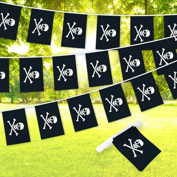 G128 Pirate (Jolly Roger) - Bones Bunting Banner | Flag 8.2 x 5.5 Inch, Full String 33 Feet | Printed 150D Polyester, Decorations For Bar and Festival Events Celebration