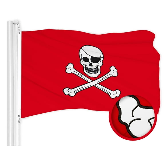 G128 Pirate Jolly Roger Bones Red Flag | 1x1.5 Ft | ToughWeave Series Embroidered 300D Polyester | Novelty Flag, Embroidered Design, Indoor/Outdoor, Brass Grommets