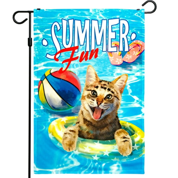 G128 - Summer Fun with Cat in Pool Garden Flag, Rustic Holiday Seasonal Outdoor Flag 12" x 18
