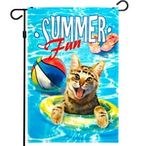G128 - Summer Fun with Cat in Pool Garden Flag, Rustic Holiday Seasonal Outdoor Flag 12" x 18”