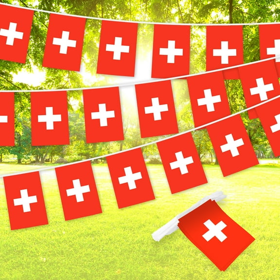 G128 Switzerland Swiss Bunting Banner | Flag 8.2 x 5.5 Inch, Full String 33 Feet | Printed 150D Polyester, Decorations For Bar, School, Festival Events Celebration