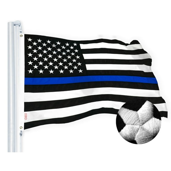 G128 - Thin Blue Line Flag 2x3 FT Embroidered Heavy Duty 220GSM Tough Spun Polyester U.S. American Flag Brass Grommets Honoring Men Women Law Enforcement Black White Blue US Flag