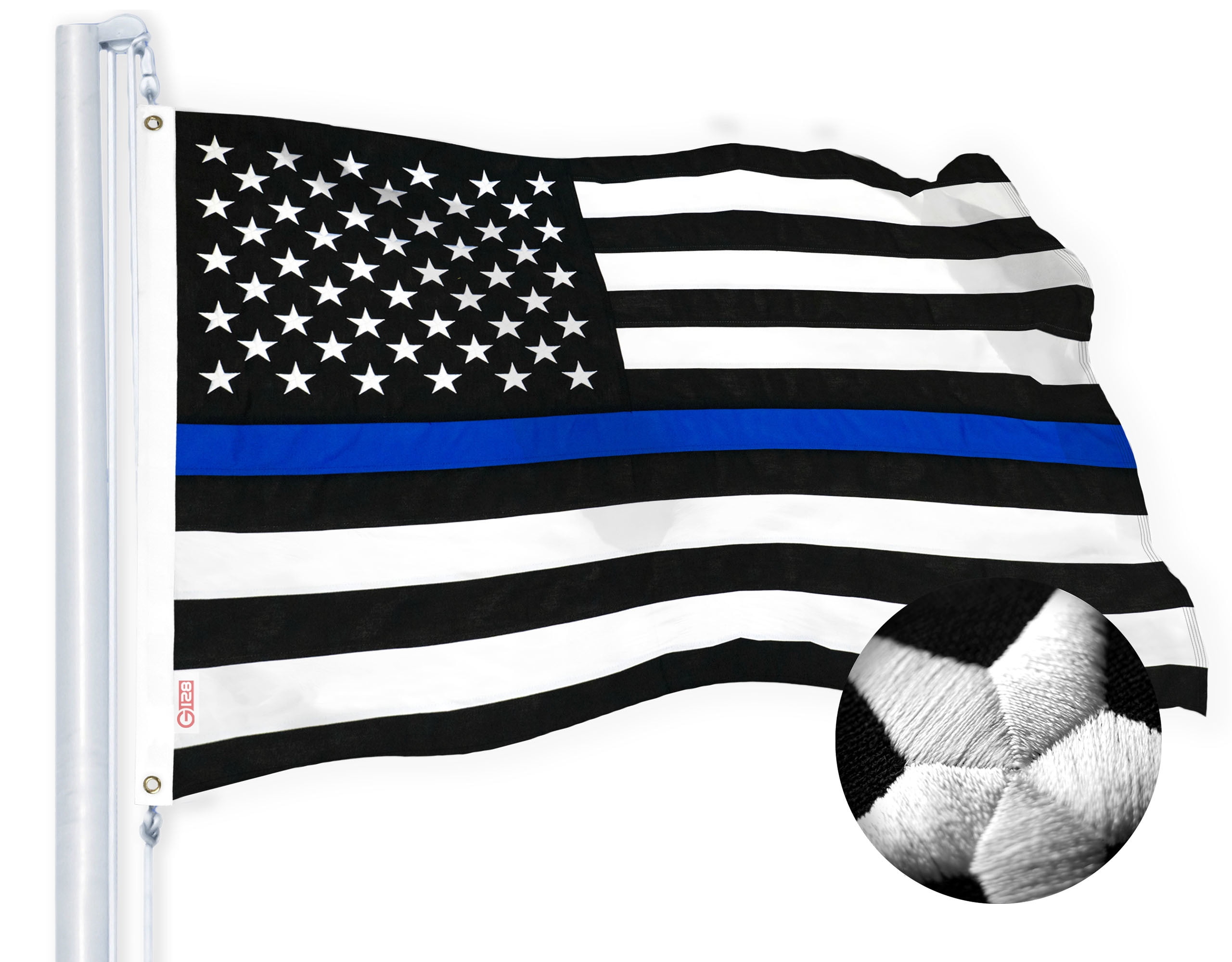 G128 - Thin Blue Line Flag 4x6 FT Embroidered Heavy Duty 220GSM Tough Spun Polyester U.S. American Flag Brass Grommets Honoring Men and Women of Law Enforcement Black White and Blue US Flag