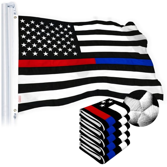 G128 Thin Blue Line Police & Thin Red Line 2x3 FT 5-Pack Firefighter Heavy Duty 220GSM Tough Spun Polyester Embroidered US American Flag Brass Grommets Honor Law Enforcement Officers First Responder
