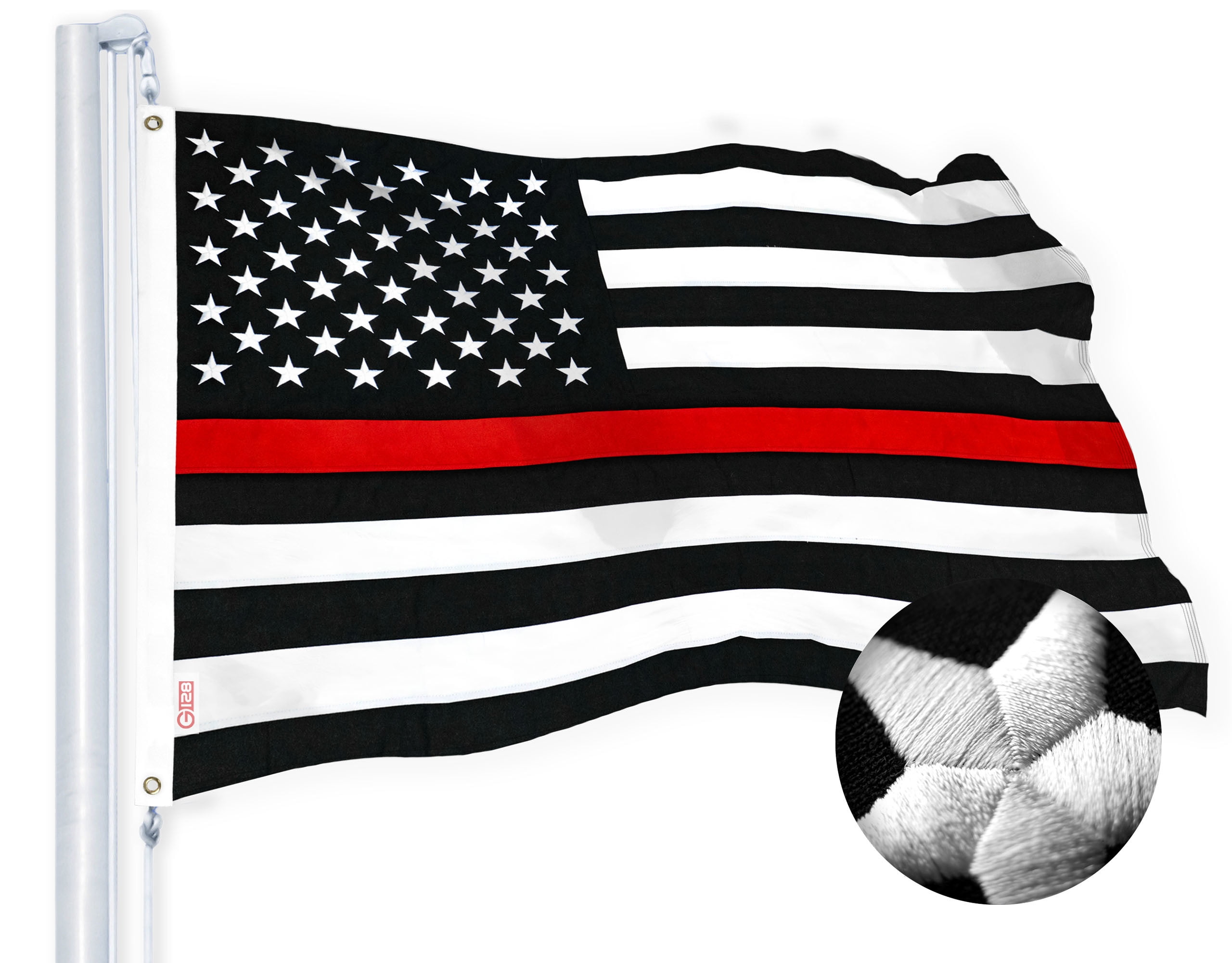 G128 - Thin Red Line Flag Embroidered 4x6 FT Heavy Duty 220GSM Tough Spun Polyester U.S. American Flag Brass Grommets Honoring Fire Fighters and EMTs Black White and Red US Flag