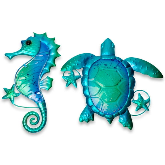 G128 Turtle Seahorse Metal Wall Art Set | Coastal Ocean Theme Indoor Outdoor Wall Art Hanging Decor for Bedroom, Living Room, Garden, Patio