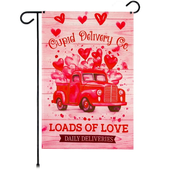 G128 Valentine’s Day Cupid Delivery Truck Garden Flag 12x18 In Double Sided Yard Garden Lawn Decoration