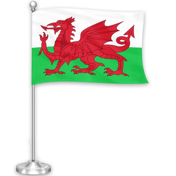 G128 Wales Welsh Deluxe Desk Flag Set | 8.5x5.5 In | Printed 300D Polyester, with Silver Dome and Base, 15" Metal Pole, Decorations For Office, Home and Festival Events Celebration