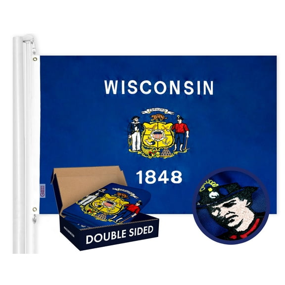G128 Wisconsin State Flag | 3x5 feet | Double Sided Embroidered 210D Indoor/Outdoor, Brass Grommets, Heavy Duty Polyester, 2-ply