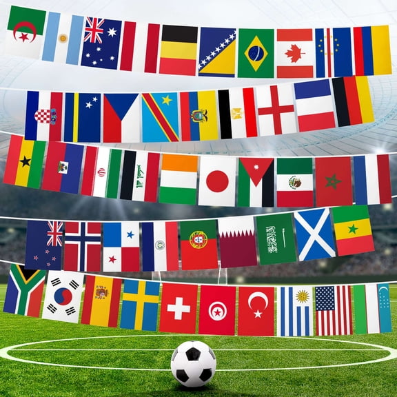 G128 World Soccer Tournament 2026 Cup Bunting Banner | Flag 7.5 x 11 Inch, Full String 58 Feet | Printed 150D Poly | String Flag Decor for Fan Club Party, Soccer Events, Fan Celebration