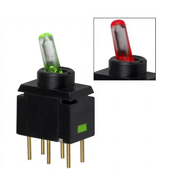 G12JPCF Switch Toggle ON None ON SPDT Lighted Lever PC Pins 0.1A 28VAC 28VDC 0.4VA PC Mount