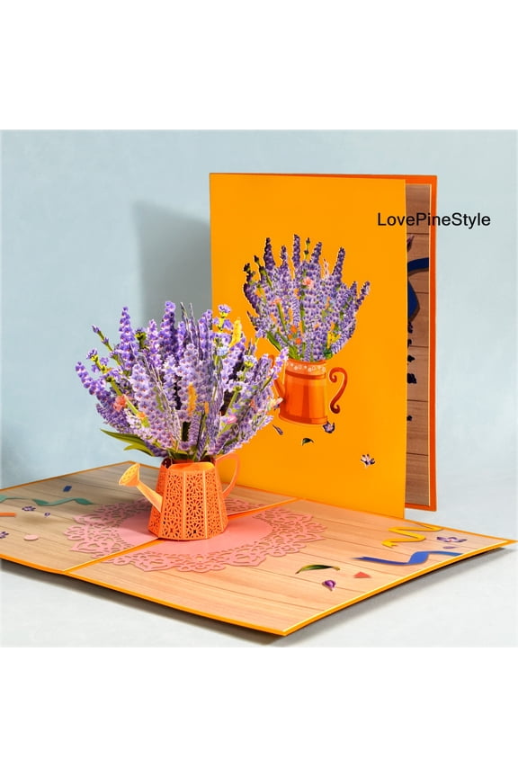 G13-3D Pop Up Greeting Card with Lavender Flowers & Watering Can | Birthday, Mother's day, Greeting and All Occasions