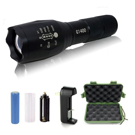 G1400 Military Tactical Flashlight 5 Modes Zoomable Adjustable Focus - Ultra Bright LED Tactical Flashlight - Full Kit (Black)