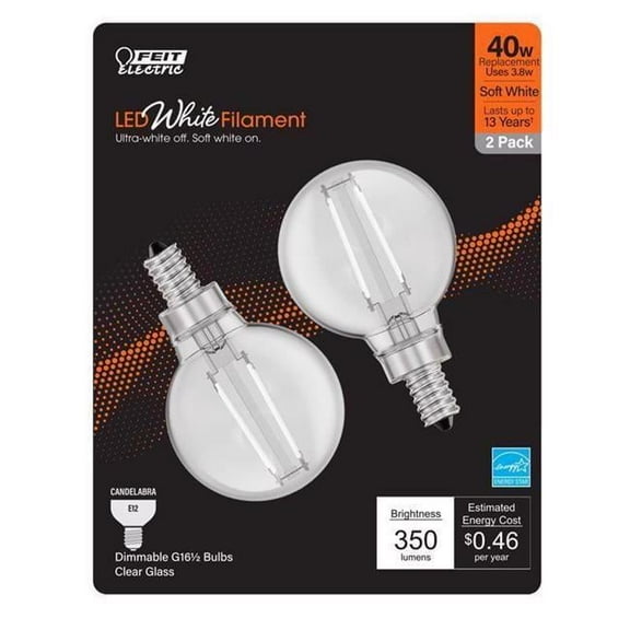 G16.5 E12 Candelabra Filament LED Bulb, Soft White - 40W Equivalence - Pack of 2