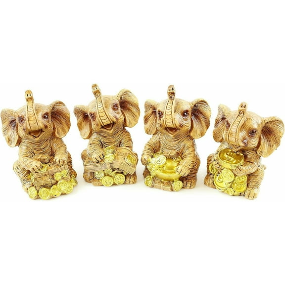 G16424 Golden Baby Elephant 4-Piece Set -Adorable Lucky Money Animal Decor., Feng Shui