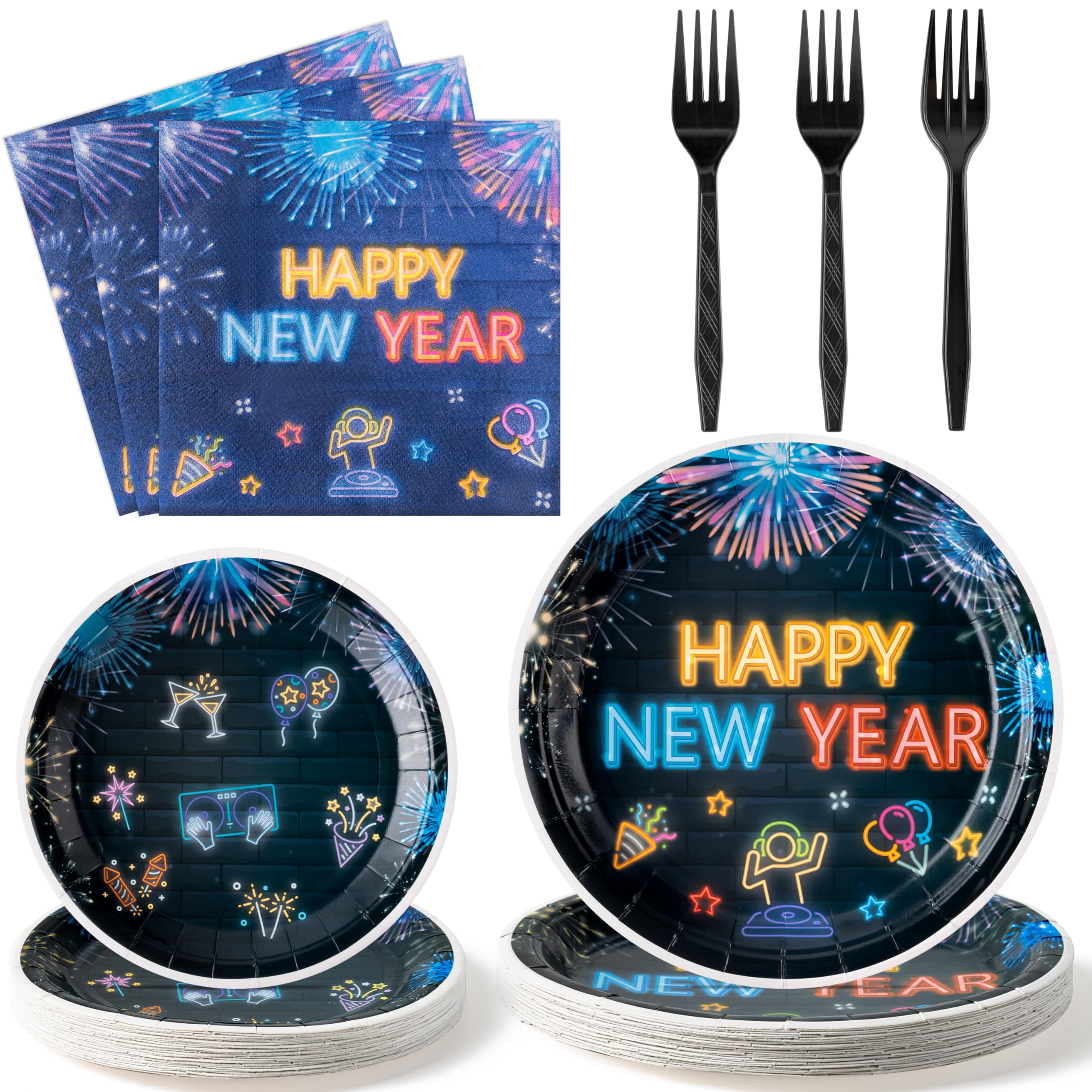 G1ngtar 96Pcs Neon New YPF5 Year Eve Party Plates Supplies 2025 Happy