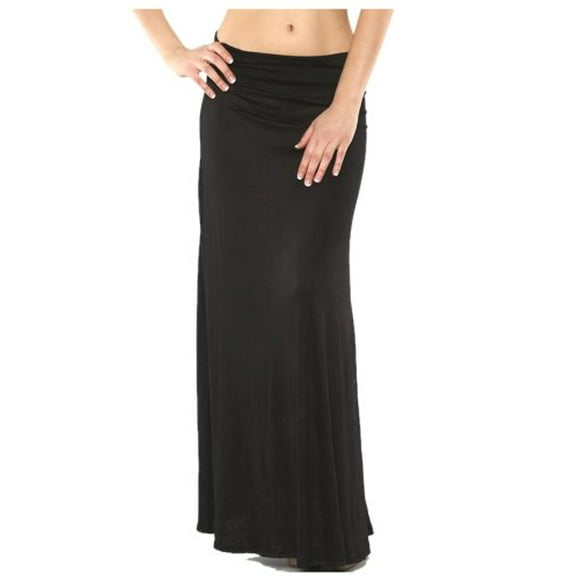 Women's Fold-Over Waistband Stretchy Knit Maxi Tulip Skirt(BTM-SKT,BLK-S)