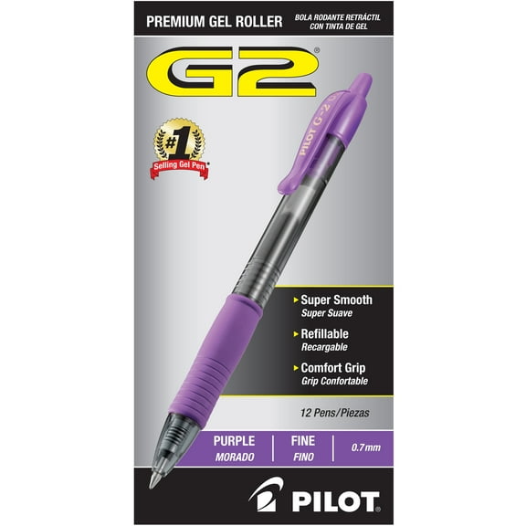 Pilot G-2 Retractable Gel Pens, Fine Point, 0.7 mm, Clear Barrels, Purple Ink, Pack Of 12