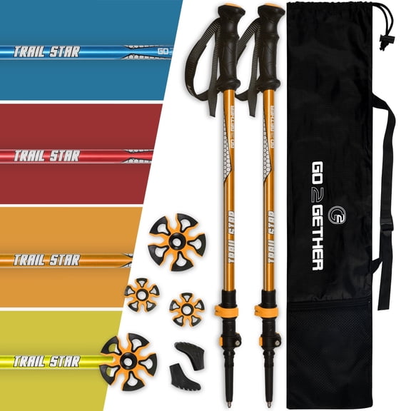 G2 Telescopic Trekking Poles/Aluminum Alloy/Comfort BMM Handle/Foam Padded Wrist Strap/Auto-Adjustable Strap/Quick Flip Lock/Snow Baskets Attached (Pack of 2 Poles), Orange/Blue/Yellow/Red