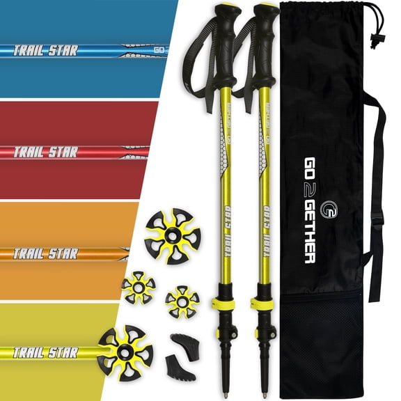 G2 Telescopic Trekking Poles/Aluminum Alloy/Comfort BMM Handle/Foam Padded Wrist Strap/Auto-Adjustable Strap/Quick Flip Lock/Snow Baskets Attached (Pack of 2 Poles), Orange/Blue/Yellow/Red