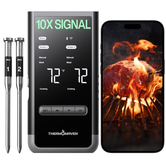 ThermoMaven G2 Wireless Meat Thermometer with Smart Base Control, 3000 FT Sub-1G Wireless Range, Unlimited Range on WiFi