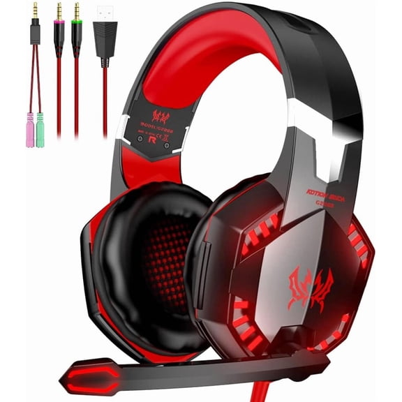 G2000 Gaming Headset, Bass Surround Gaming Headphones with Noise Cancelling Mic, LED Lights, Soft Memory Earmuffs for PS5/ PS4/ Xbox One Controller/Laptop/PC/Mac/Nintendo NES Games-Red